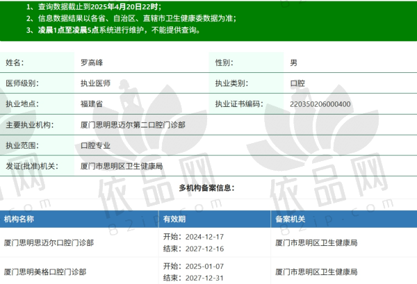 厦门思迈尔口腔罗高峰医生资质