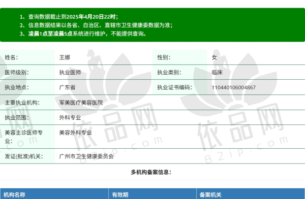 广州军美王娜医生资质